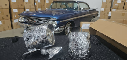 Fully Engraved 1959 Nelmor Trailmaster™ Spotlight Mirrors – Complete Pair