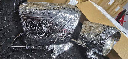Fully Engraved 1959 Nelmor Trailmaster™ Spotlight Mirrors – Complete Pair