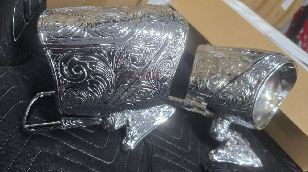 Fully Engraved 1959 Nelmor Trailmaster™ Spotlight Mirrors – Complete Pair