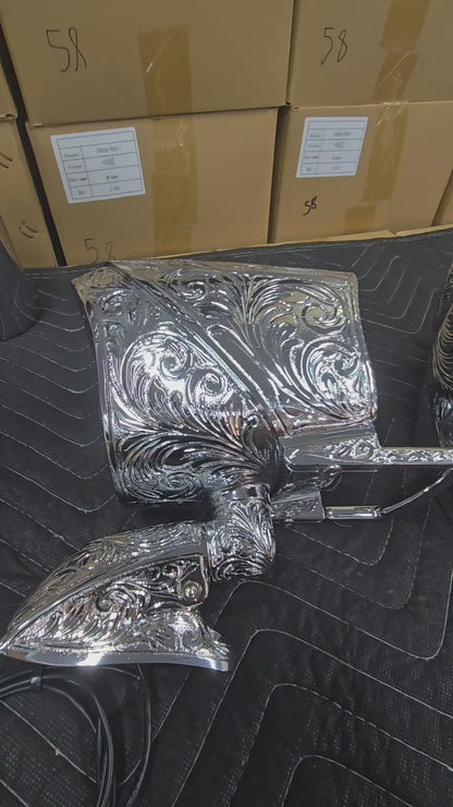 Fully Engraved 1959 Nelmor Trailmaster™ Spotlight Mirrors – Complete Pair